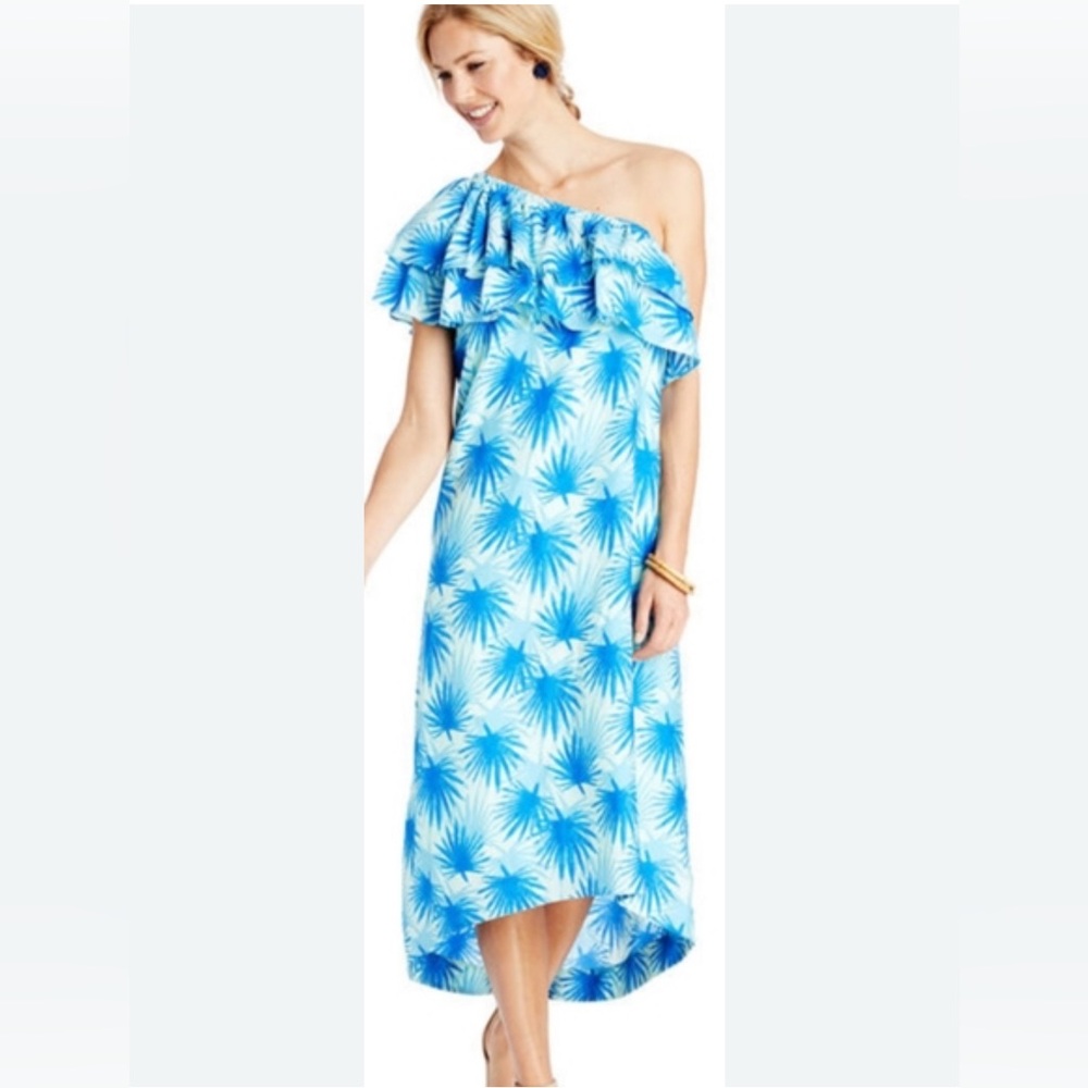 Vineyard Vines blue palm tree print one shoulder shift dress